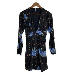 Free People Date Night Mini Dress Long Sleeve Black Blue Orange S Floral